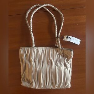 Donald J. Pliner Vintage Pleated Crepe and Leather Shoulder Bag, Gold, With Tag